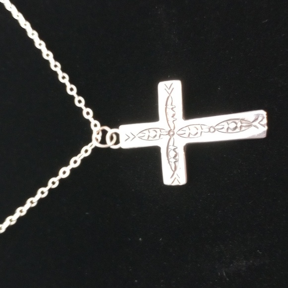 Sterling Silver Stamped Cross Pendant Necklace Signed - Picture 4 of 13